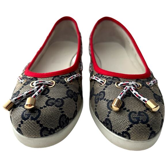GUCCI GG Signature Logo Monogram Ballerina Flats EU 37 US 7 Navy Red Rope Accent - Picture 2 of 13